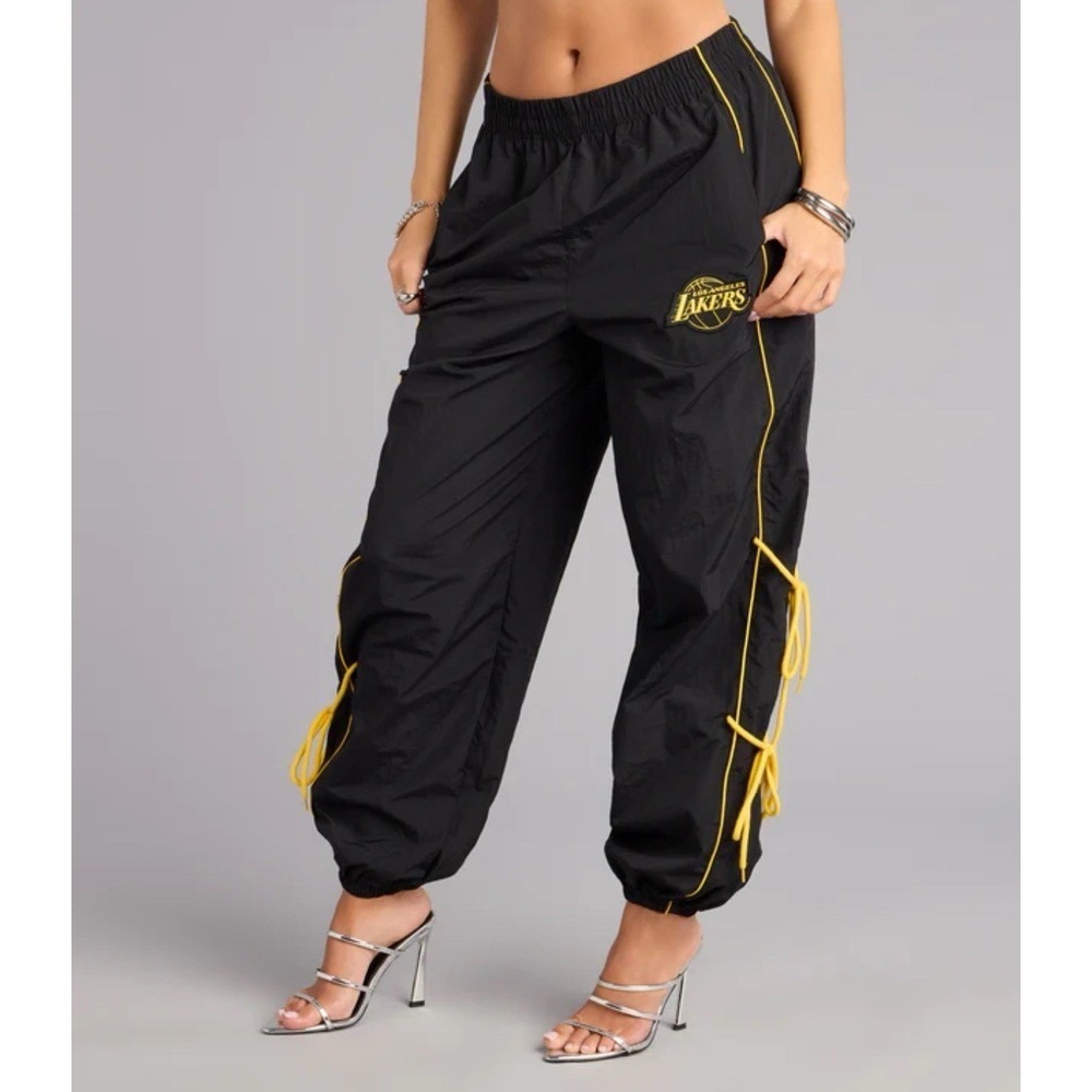 Ultra Game NBA Los Angeles Lakers Black Lace Up Nylon Track Pants Small NEW